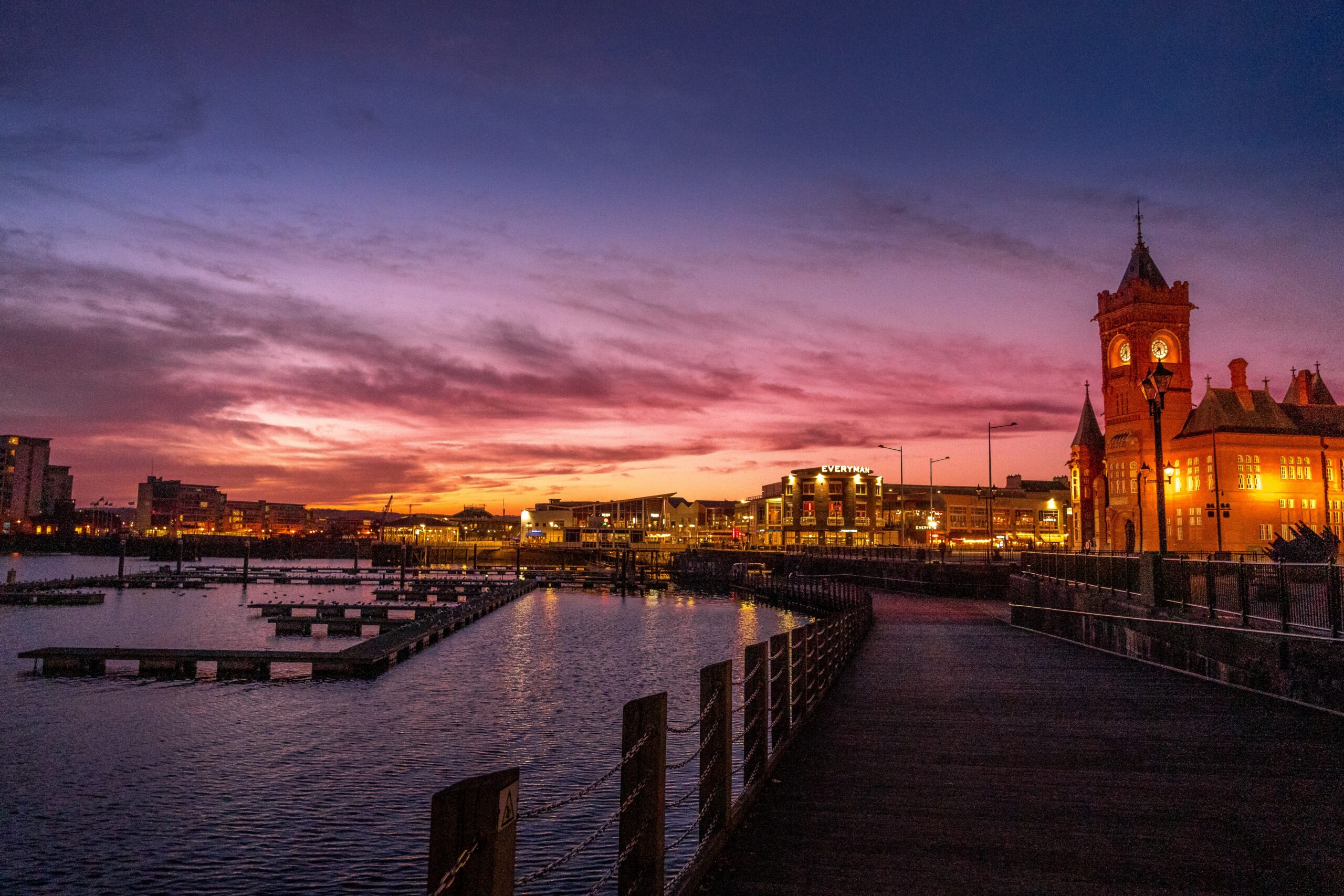 Cardiff Marina at dusk.